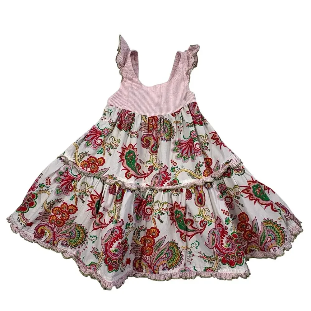 Icky Baby Seersucker Sun Dress Girls 24M Pink Floral Paisley Boho Cottage Summer